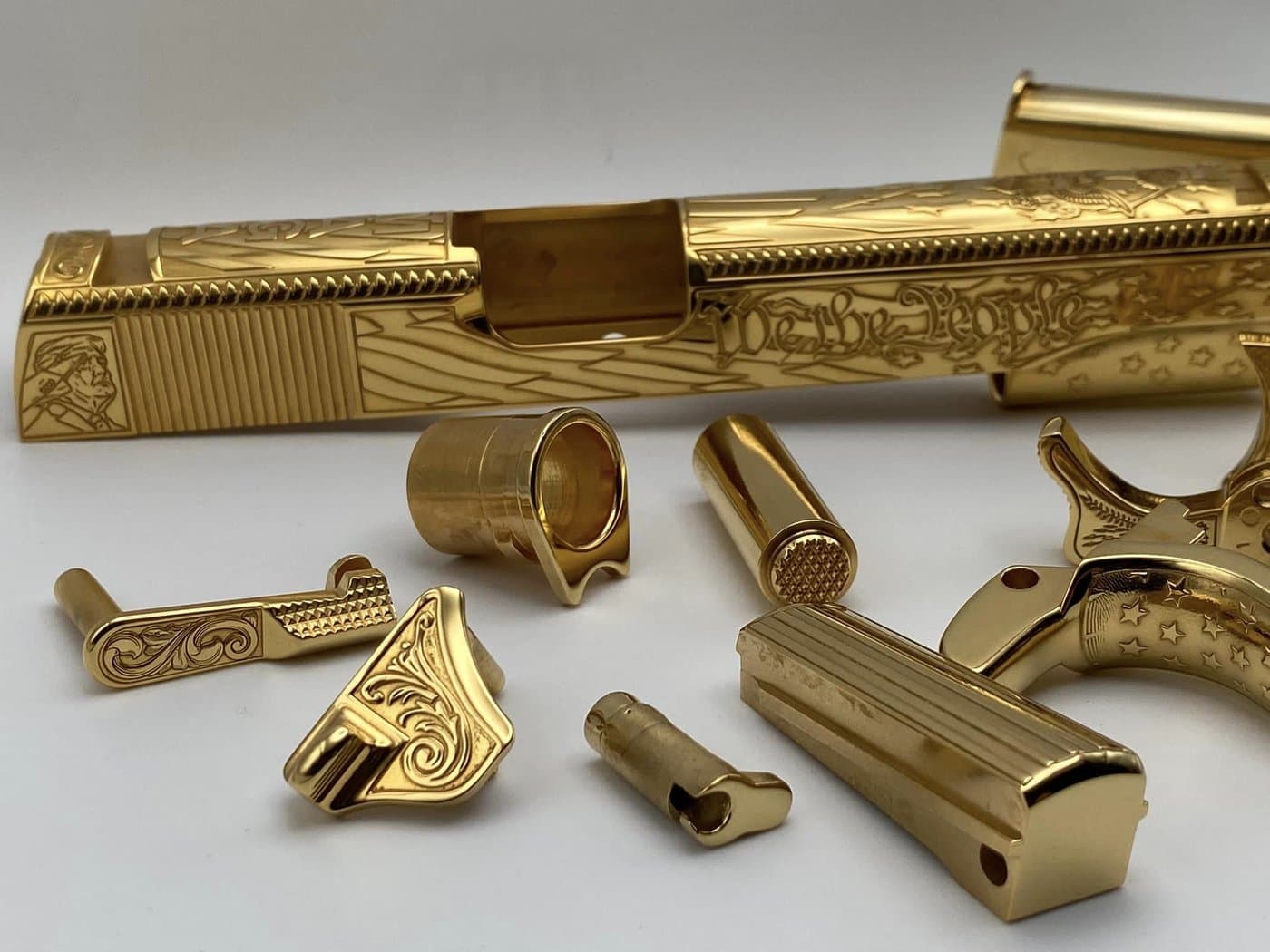 Complete 1911 accent kit and engraved slide, 24k gold plated, We The People engraving