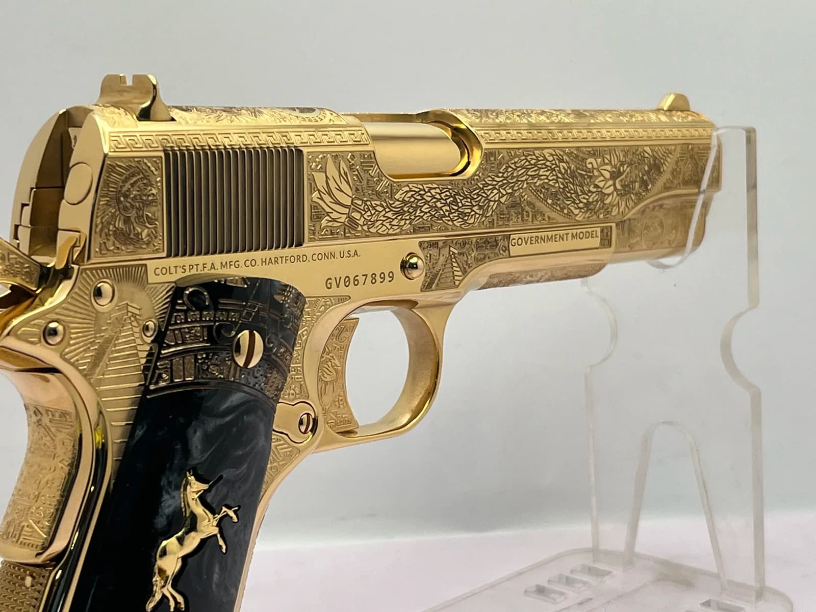 1911 Government Model with Aztec engraving and grey pearl grips