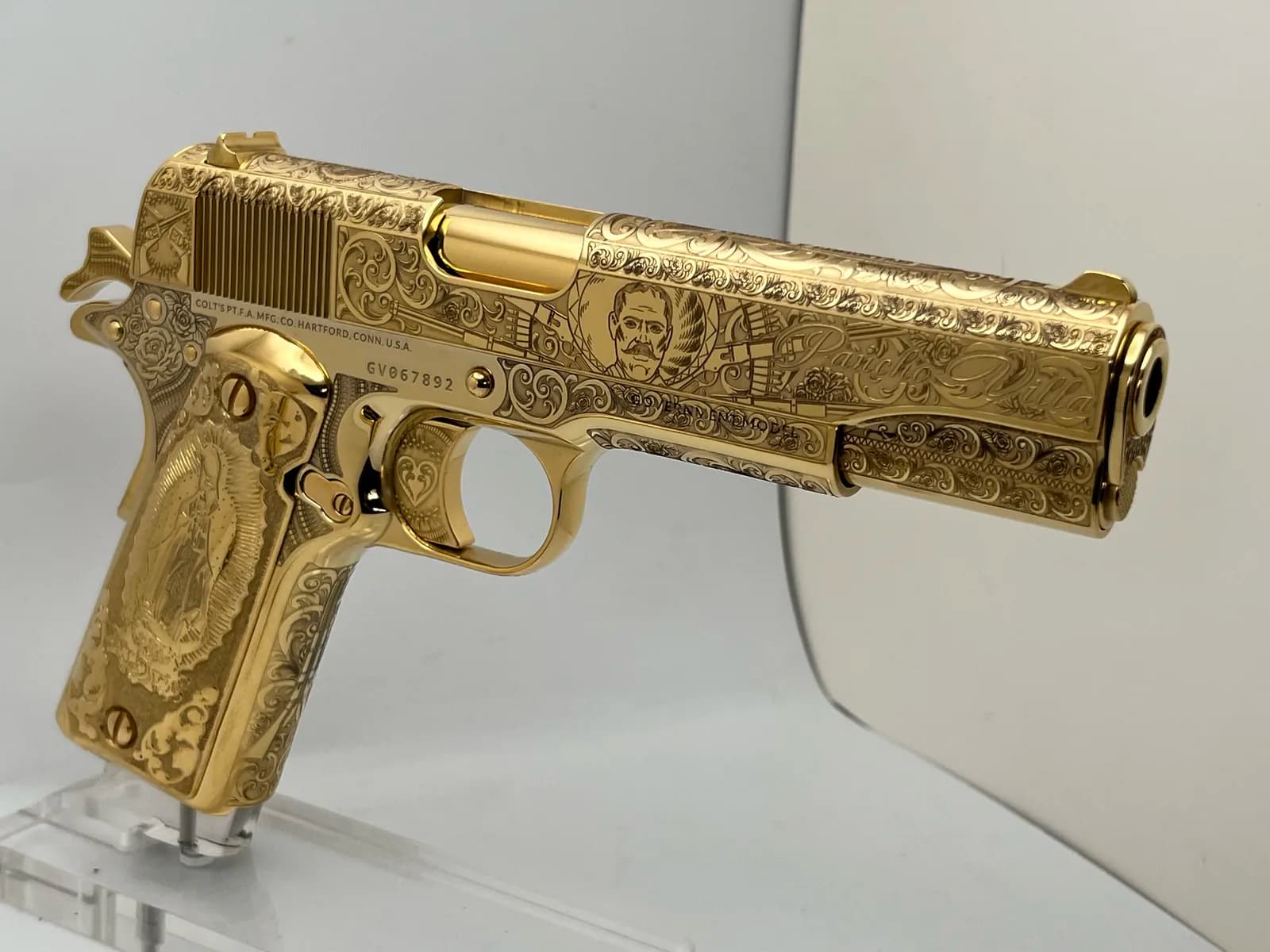 1911 with Pancho Villa portrait, roses and Virgin of Guadalupe grips