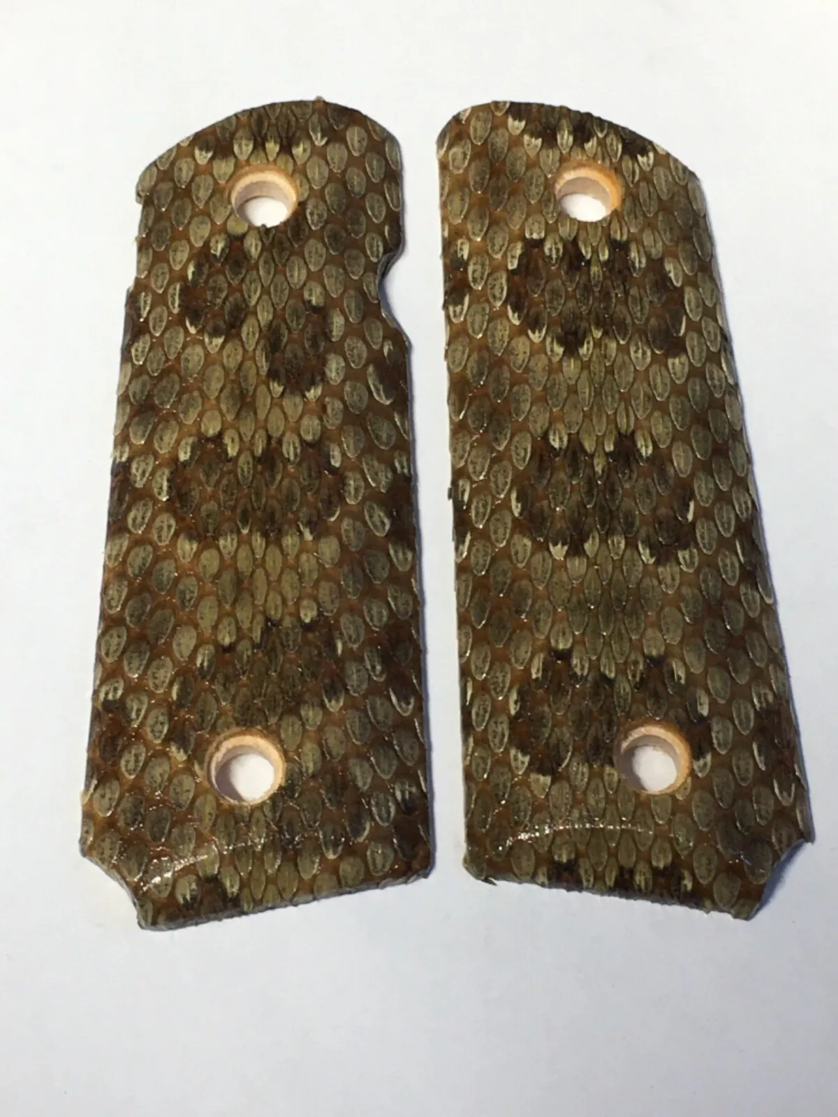 Compact ambi-cut 1911 pistol grips wrapped in prairie rattlesnake snakeskin