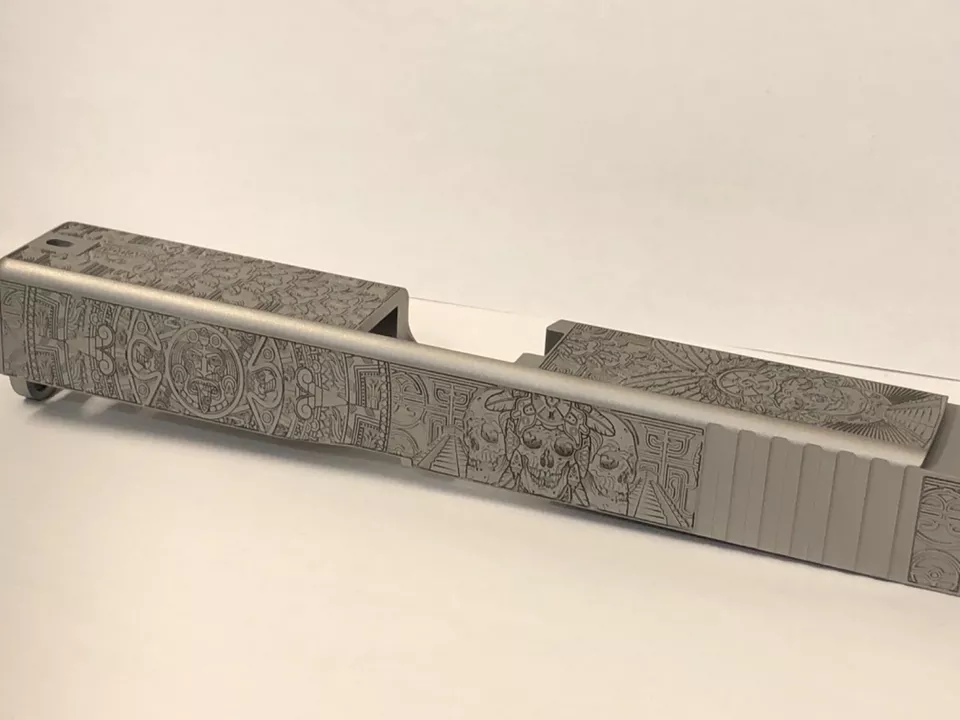 Deep laser engraved Glock 19 slide Gen 3 Aztec calendar themed