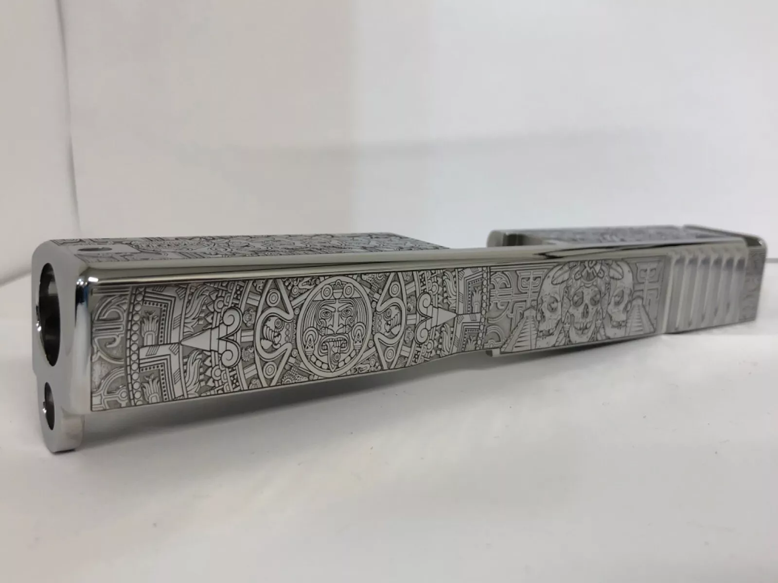 Deep laser engraved Glock 19 slide Gen 3 Aztec themed