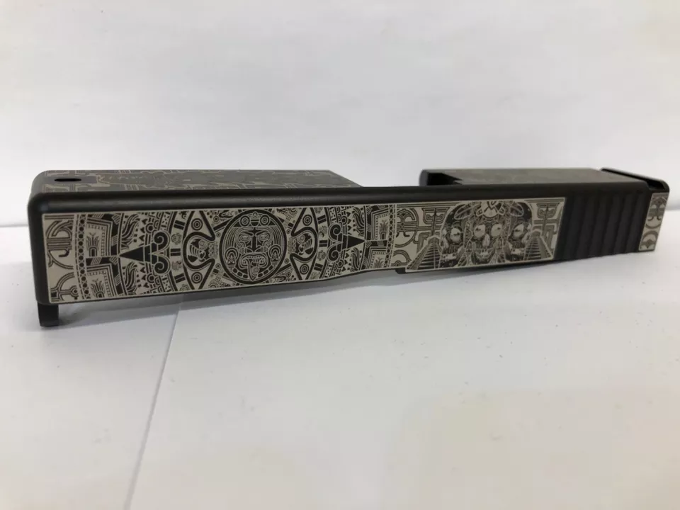 Laser etched Glock 19 slide Gen 3 Aztec calendar themed