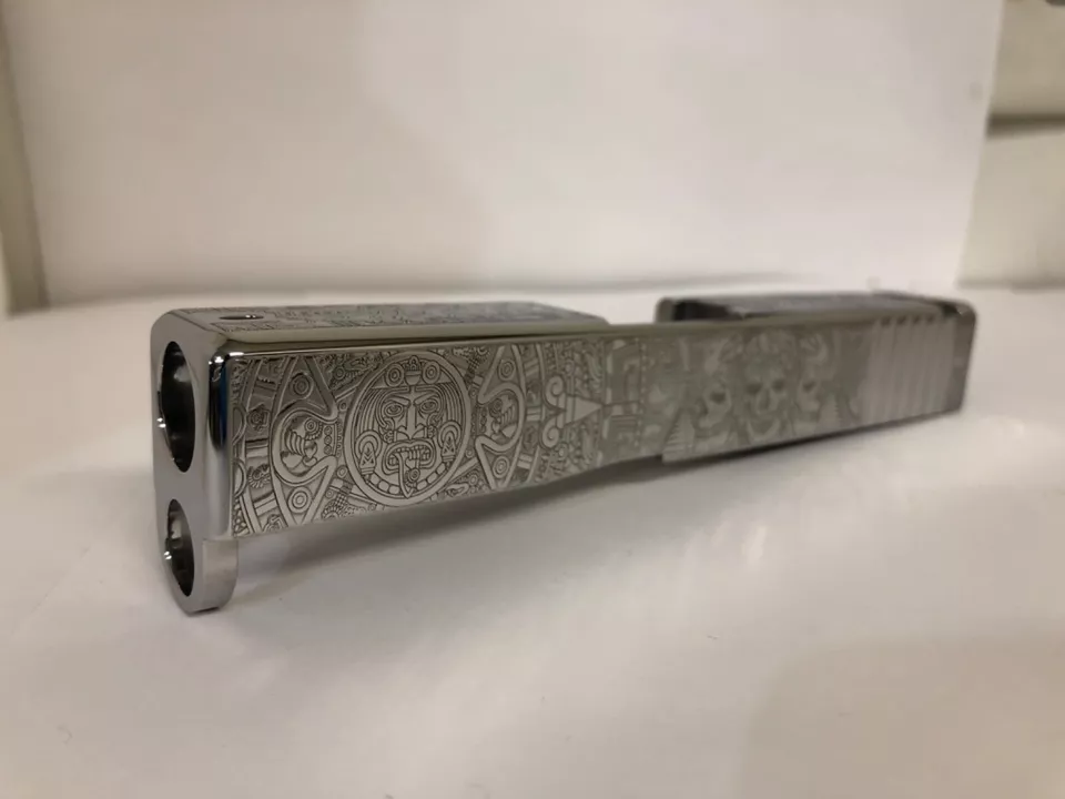 Deep laser engraved Glock 43 slide Gen 3 Aztec calendar themed