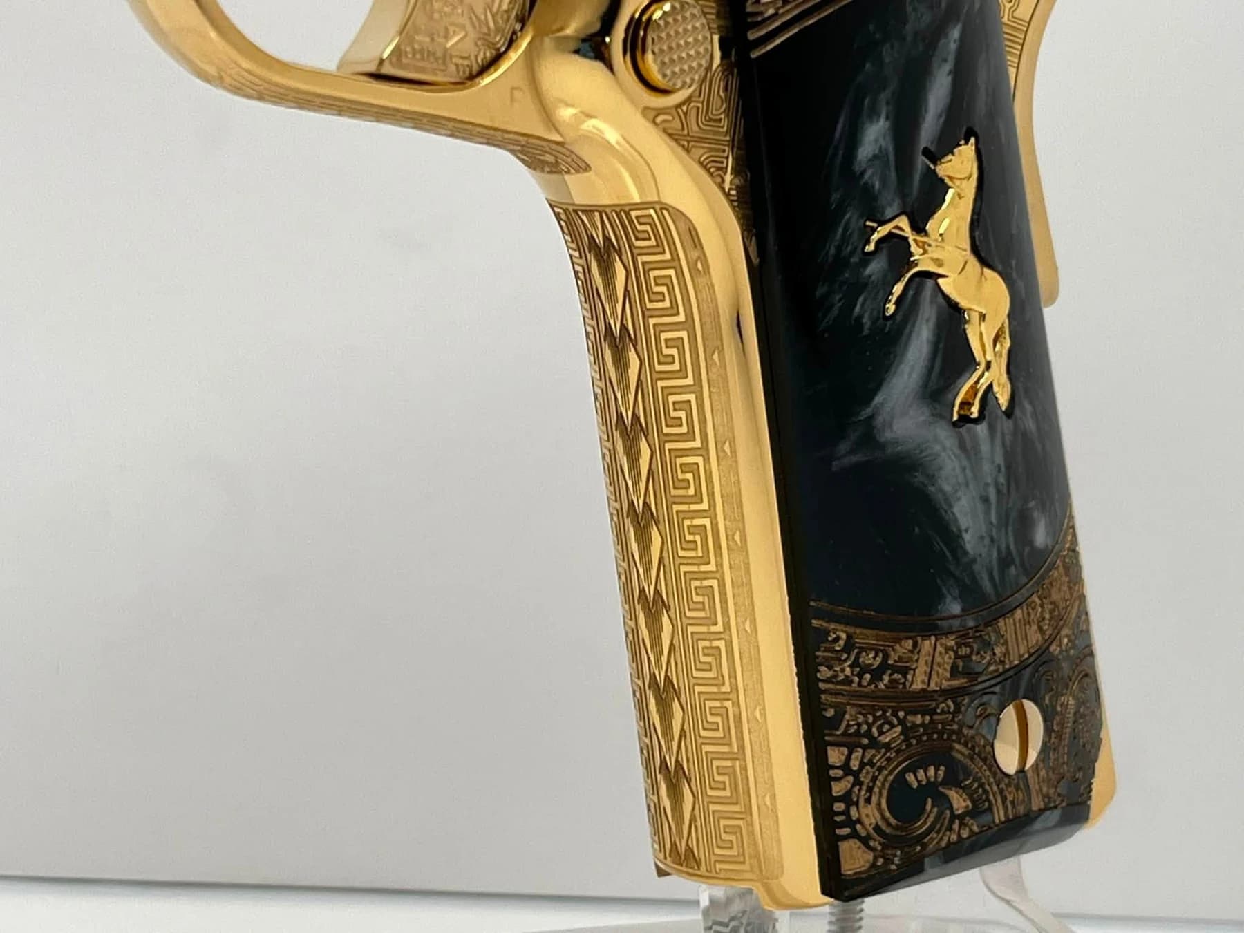 24k gold Colt Super .38, Aztec Calendar edition: grip and frame detail