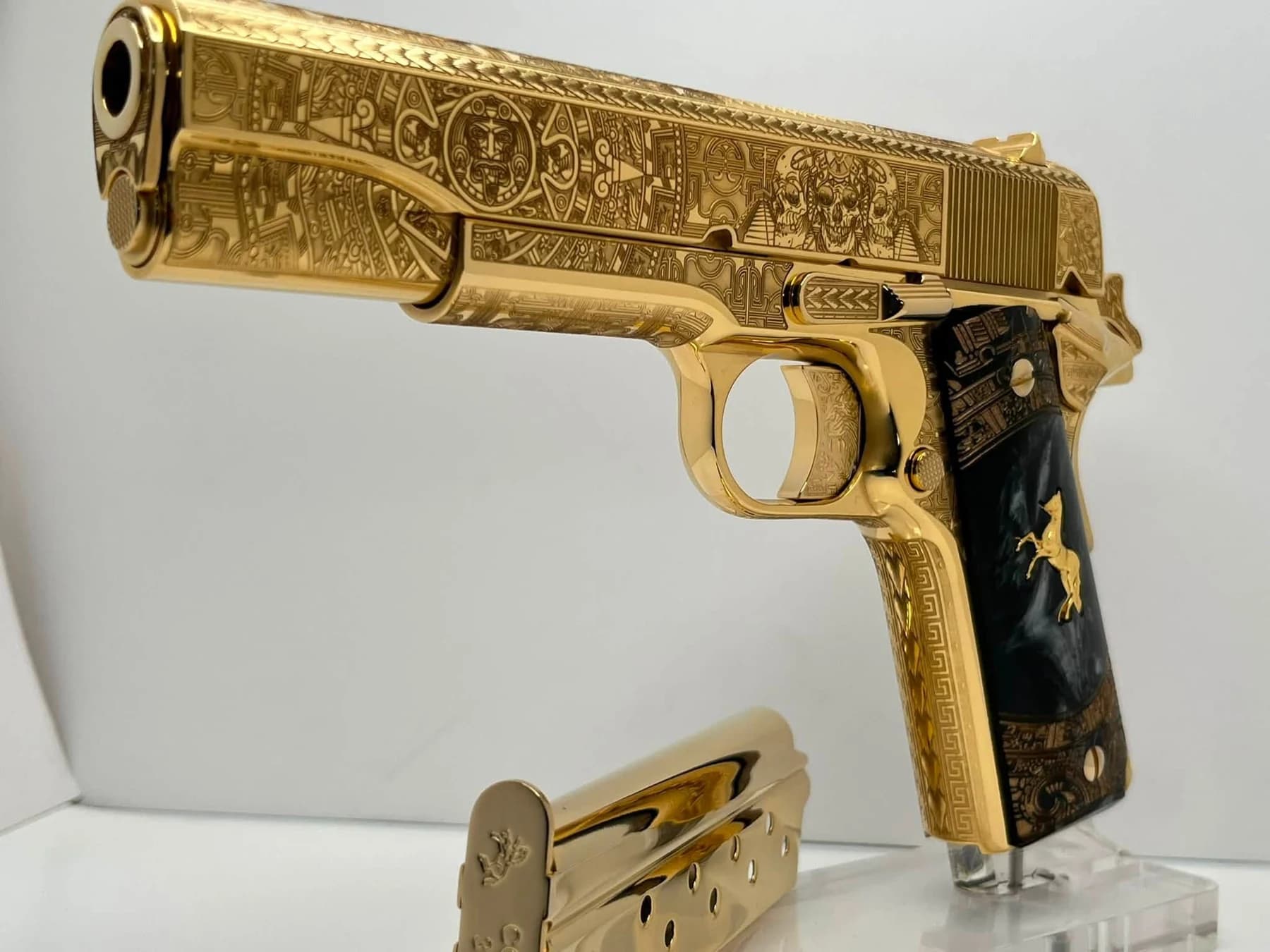 24k gold Colt Super .38, Aztec Calendar edition: full view with magazine